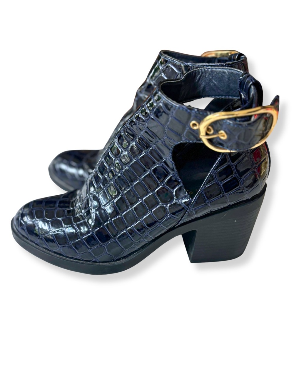 Topshop Dark Navy Croc Patent Cutout Ankle Boots Gold Buckle Size 6/39
